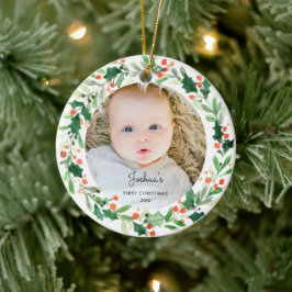 Holly Wreath Baby 1. Weihnachtsgebäck Foto Ornamen Keramik Ornament