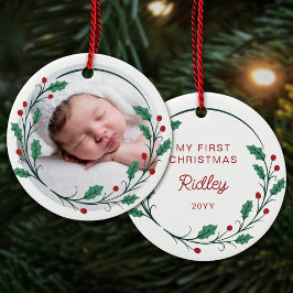 Holly Wreath Baby's First Christmas Round Photo Keramik Ornament