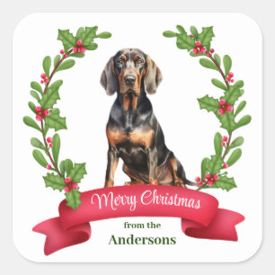 Holly Wreath Black Tan Coonhound Weihnachten Quadratischer Aufkleber