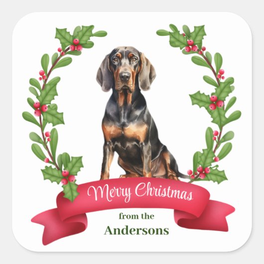 Holly Wreath Black Tan Coonhound Weihnachten Quadratischer Aufkleber (Vorderseite)