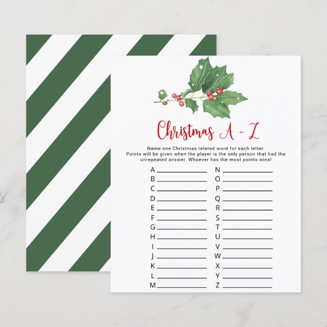 Holly Wreath Christmas A-Z Game Card (Vorne/Hinten)