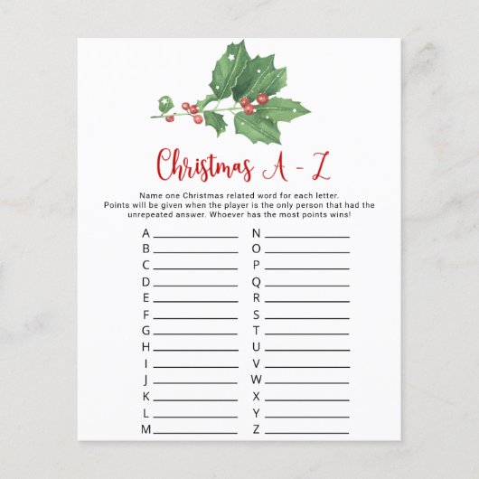 Holly Wreath Christmas A-Z Game Card Flyer (Vorne)