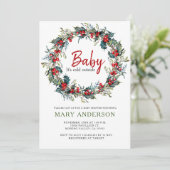 Holly Wreath Christmas Baby Shower Einladung (Stehend Vorderseite)