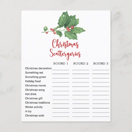 Holly Wreath Christmas Scattergories Game Card Flyer (Vorne)