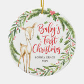 Holly Wreath Deer Baby's First Christmas Foto Keramik Ornament (Vorne)