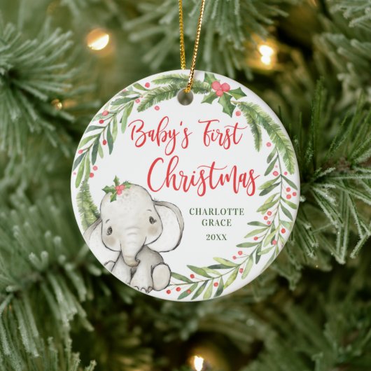 Holly Wreath Elephant Baby's First Christmas Foto Keramik Ornament (Baum)