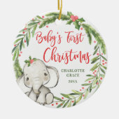 Holly Wreath Elephant Baby's First Christmas Foto Keramik Ornament (Vorne)