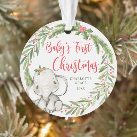 Holly Wreath Elephant Baby's First Christmas Foto Ornament (Baum)