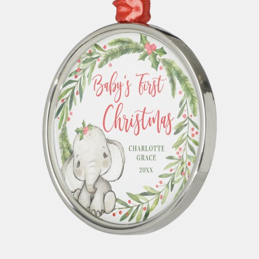 Holly Wreath Elephant Baby's First Christmas Ornament Aus Metall (Links)