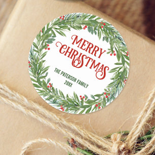 Holly Wreath Familienname Christmas White Runder Aufkleber