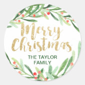 Holly Wreath Frohe Weihnachten Runder Aufkleber (Vorderseite)