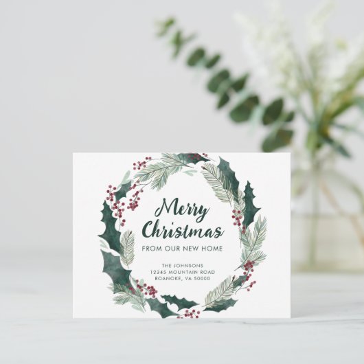 Holly Wreath frohe Weihnachten von New Zuhause Ankündigungspostkarte (Stehend Vorderseite)