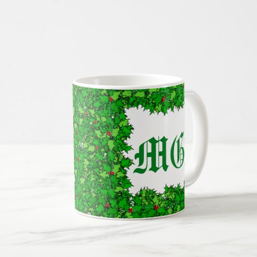 Holly Wreath mit Monogram, Dunkelgrün Kaffeetasse (VorderseiteRechts)