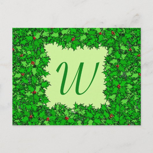 Holly Wreath mit Monogram, Dunkelgrün Postkarte (Vorderseite)