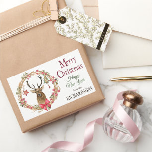 Holly Wreath Red Bow Reindeer Weihnachten Rechteckiger Aufkleber