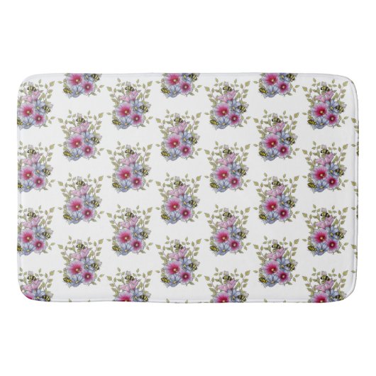 Hollyhocks and Blue Flowers with Bumble BEES Badematte (Vorderseite)