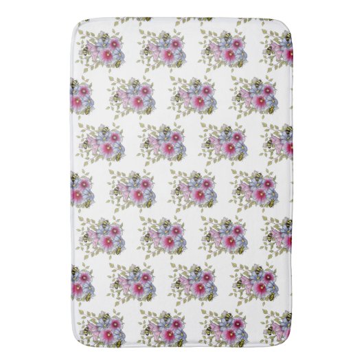 Hollyhocks and Blue Flowers with Bumble BEES Badematte (Vorderseite Vertikal)