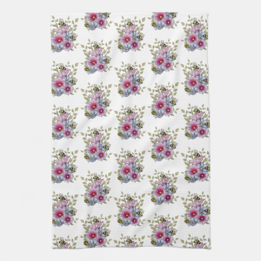 Hollyhocks and Blue Flowers with Bumble BEES Geschirrtuch (Vertikal)