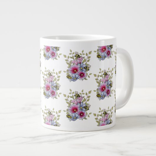 Hollyhocks and Blue Flowers with Bumble BEES Jumbo-Tasse (Vorderseite Rechts)