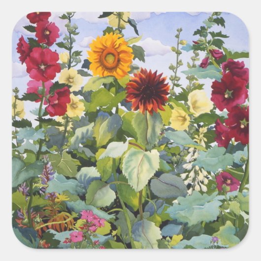 Hollyhocks und Sonnenblumen 2005 Quadratischer Aufkleber (Vorderseite)