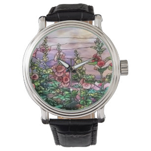 Hollyhocks Vintag Floral Tiffany Hartglas Armbanduhr