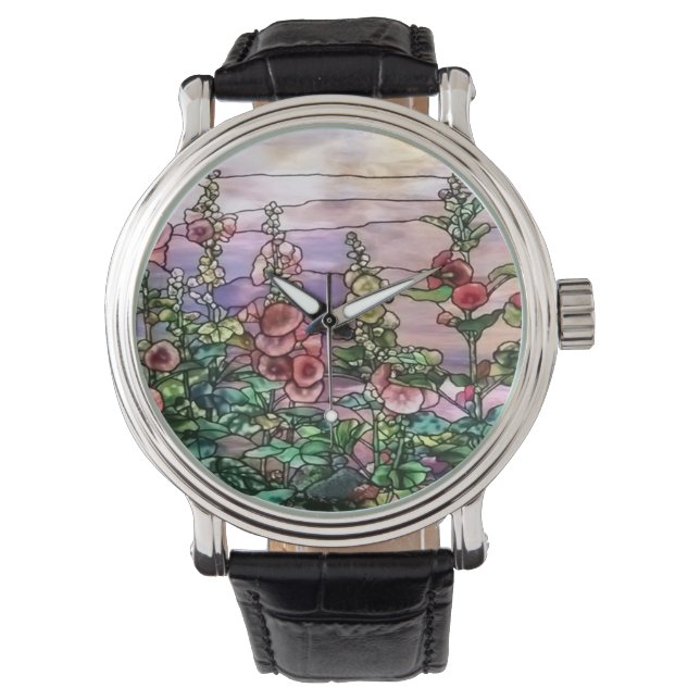 Hollyhocks Vintag Floral Tiffany Hartglas Armbanduhr (Vorderseite)
