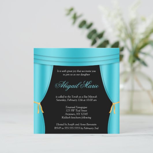 Hollywood Aquamarin Blue Vorhang Bat Mitzvah Squar Einladung (Stehend Vorderseite)