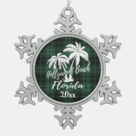 Hollywood Beach Florida Palm Green Kariert Schneeflocken Zinn-Ornament