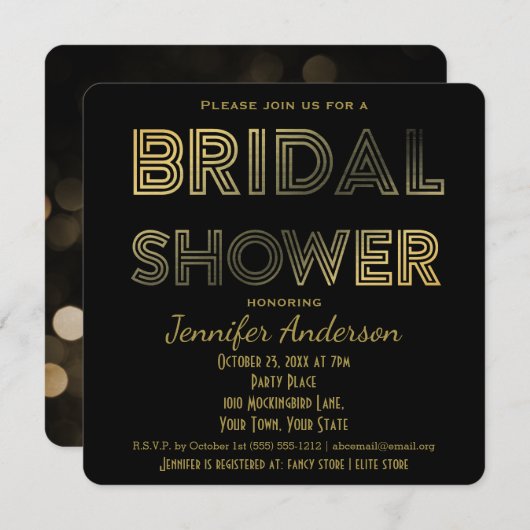 Hollywood Brautparty aus Gold und Black Glamour Einladung (Vorne/Hinten)