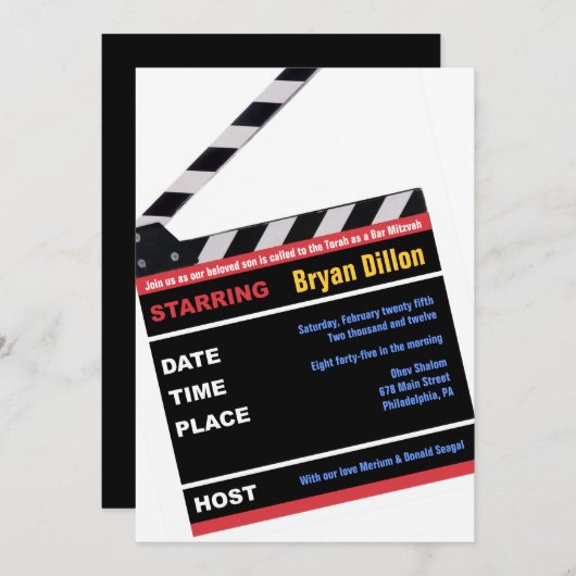 HOLLYWOOD BROADWAY MOVIES Bar Bar Mitzvah Einladun Einladung (Vorne/Hinten)