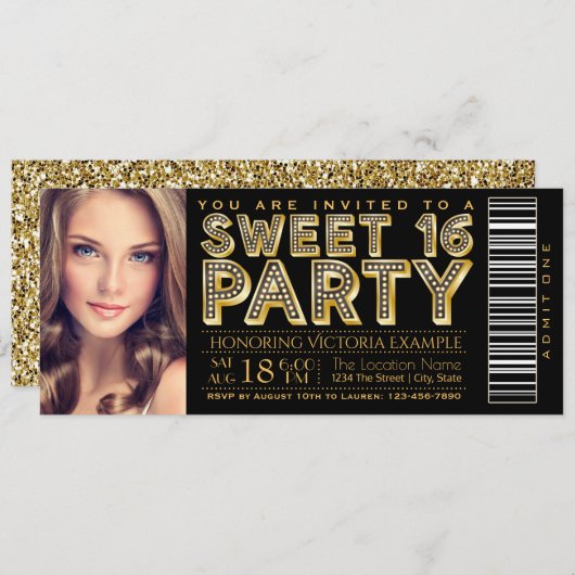 Hollywood Glam Sweet 16 Ticket Black and Gold Einladung (Vorne/Hinten)
