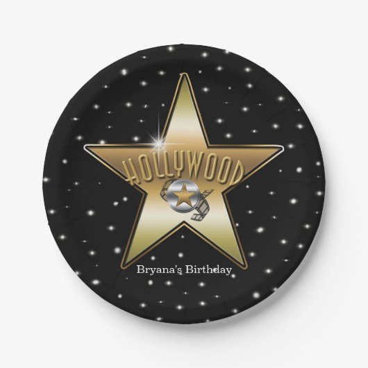 Hollywood Gold Star Black Birthday Party Pappteller (Vorderseite)