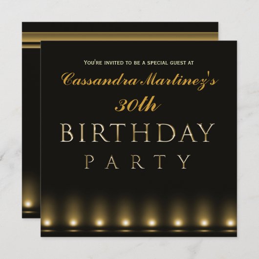 Hollywood Lights Black Gold Einladung zum Geburtst (Vorne/Hinten)