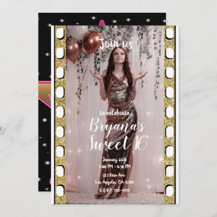 Hollywood Movie Gold Pink Star Film Sweet 16   Einladung