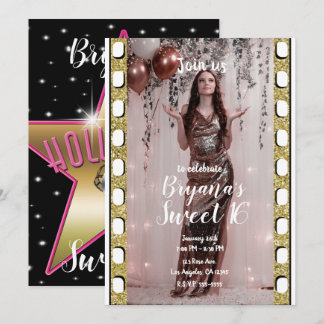 Hollywood Movie Gold Pink Star Film Sweet 16 Einladung