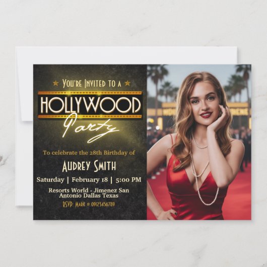 Hollywood Party with Picture Birthday Invitation Einladung (Vorderseite)