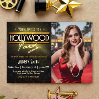 Hollywood Party with Picture Birthday Invitation Einladung