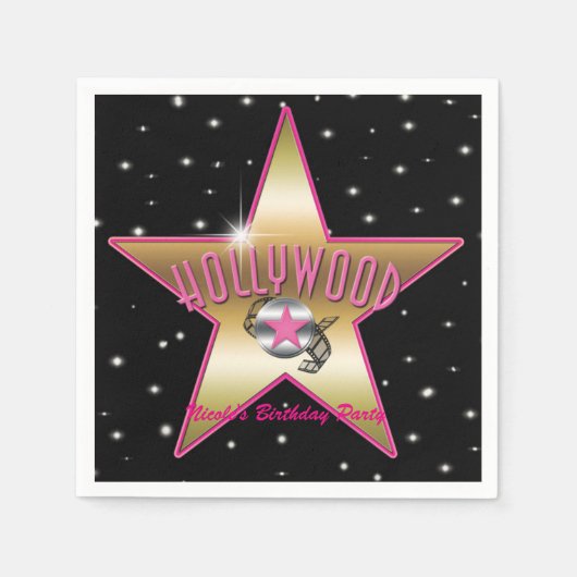 Hollywood Pink & Gold Star Black Birthday Party Serviette (Vorderseite)