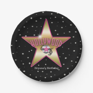 Hollywood Pink & Gold Star Schwarze Geburtstagsfei Pappteller