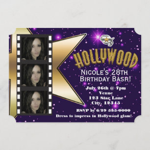 Hollywood Purple Stars 3 Foto Geburtstagseinladung Einladung