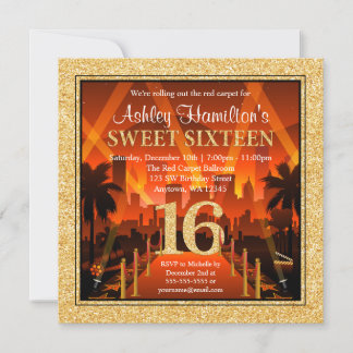 Hollywood Red Tepet City Gold Glitzer Sweet 16 Einladung