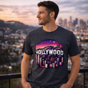 Hollywood Skyline   Retro Neon Cityscape Art Tri-Blend Shirt