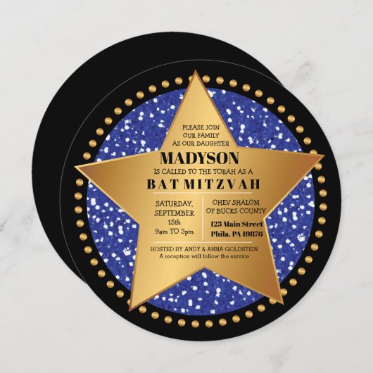 HOLLYWOOD STAR Blue Bar Bat Mitzvah Einladung (Vorne/Hinten)