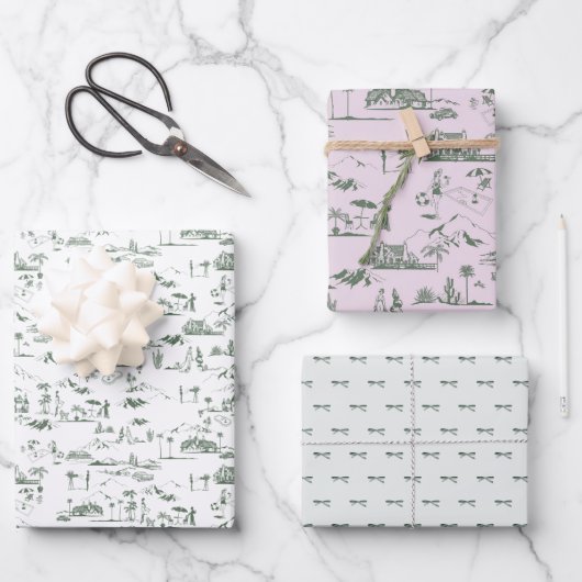 Hollywood Toile Coquette Pink & Green Geschenkpapier Set (Vorderseite)