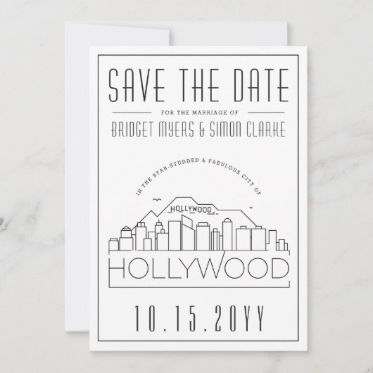 Hollywood Wedding Stylized Skyline Save the Date Einladung (Vorderseite)