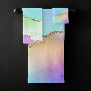 Holo Agate   Imitate Iridescent Pastel Ombre Marmo Badhandtuch Set