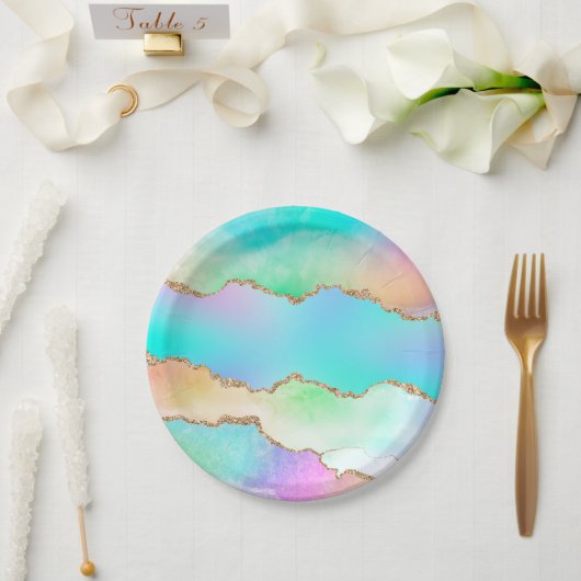 Holo Agate | Imitate Iridescent Pastel Ombre Marmo Pappteller (Hochzeit)