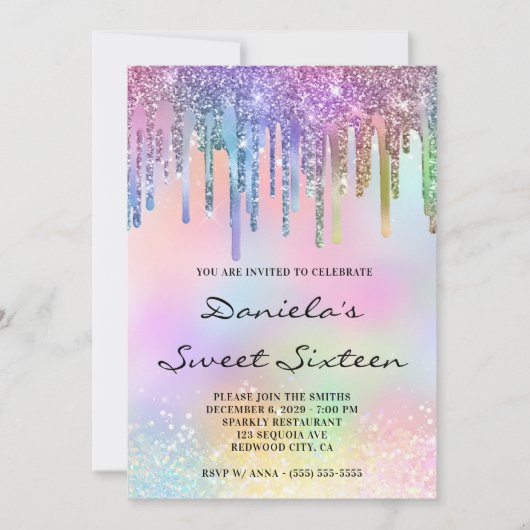Holo Glitter Rainbow Drips Sweet Sixteen Einladung (Vorderseite)