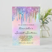 Holo Glitter Rainbow Drips Sweet Sixteen Einladung (Stehend Vorderseite)