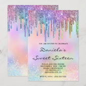 Holo Glitter Rainbow Drips Sweet Sixteen Einladung (Vorne/Hinten)